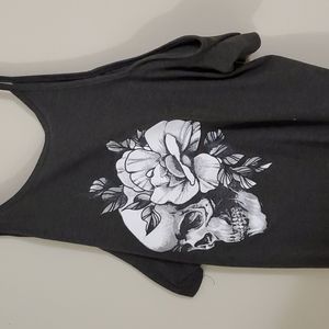 Bareshoulder tshirt, Rorox brand, dark gray shirt, skull with flowers on front.